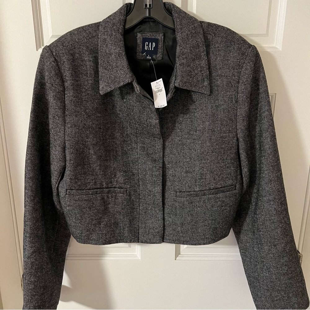 GAP Women's Herringbone Crop Jacket wool blend charcoal grey Size Large NWT
